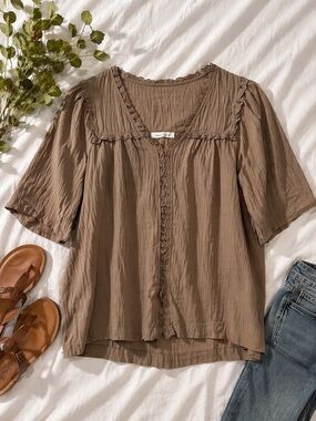 Neuflora Brazil Blouse 100% Cotton Small Taupe Lace Trim Boho Button Front